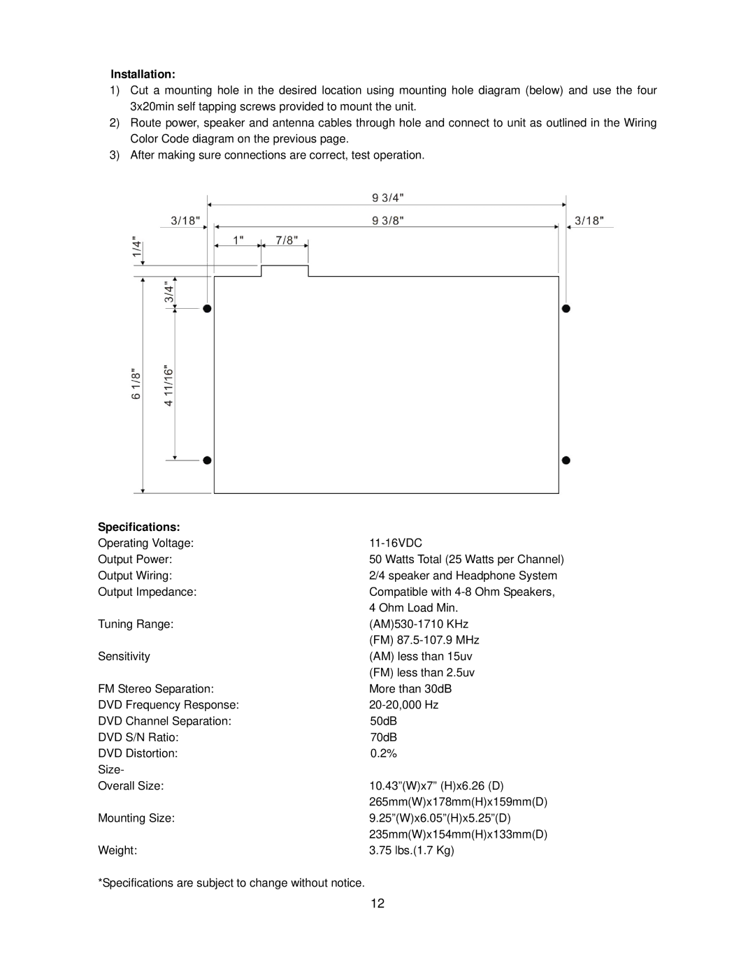 Jensen AWM950 owner manual Installation, Specifications 