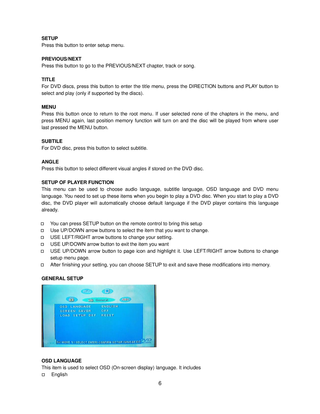 Jensen AWM950 Previous/Next, Title, Menu, Subtile, Angle, Setup of Player Function, General Setup OSD Language 