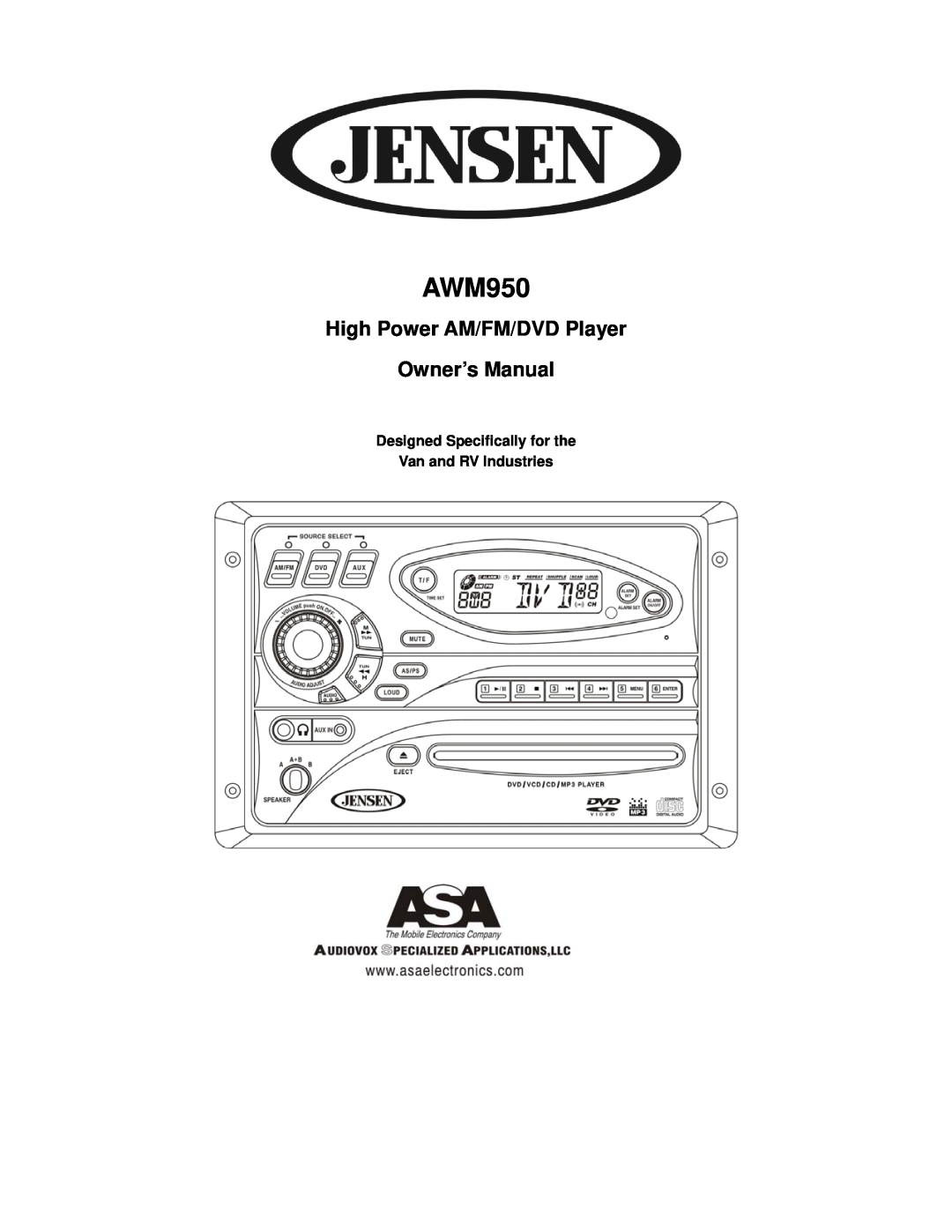 Jensen AWM950 owner manual Designed Specifically for the Van and RV lndustries, High Power AM/FM/DVD Player Owner’s Manual 