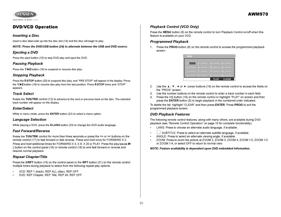 Jensen AWM970 owner manual DVD/VCD Operation 