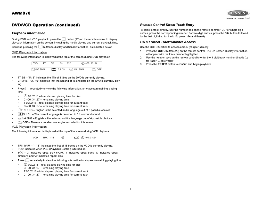 Jensen owner manual AWM970 DVD/VCD Operation, DVD Playback Information, VCD Playback Information 