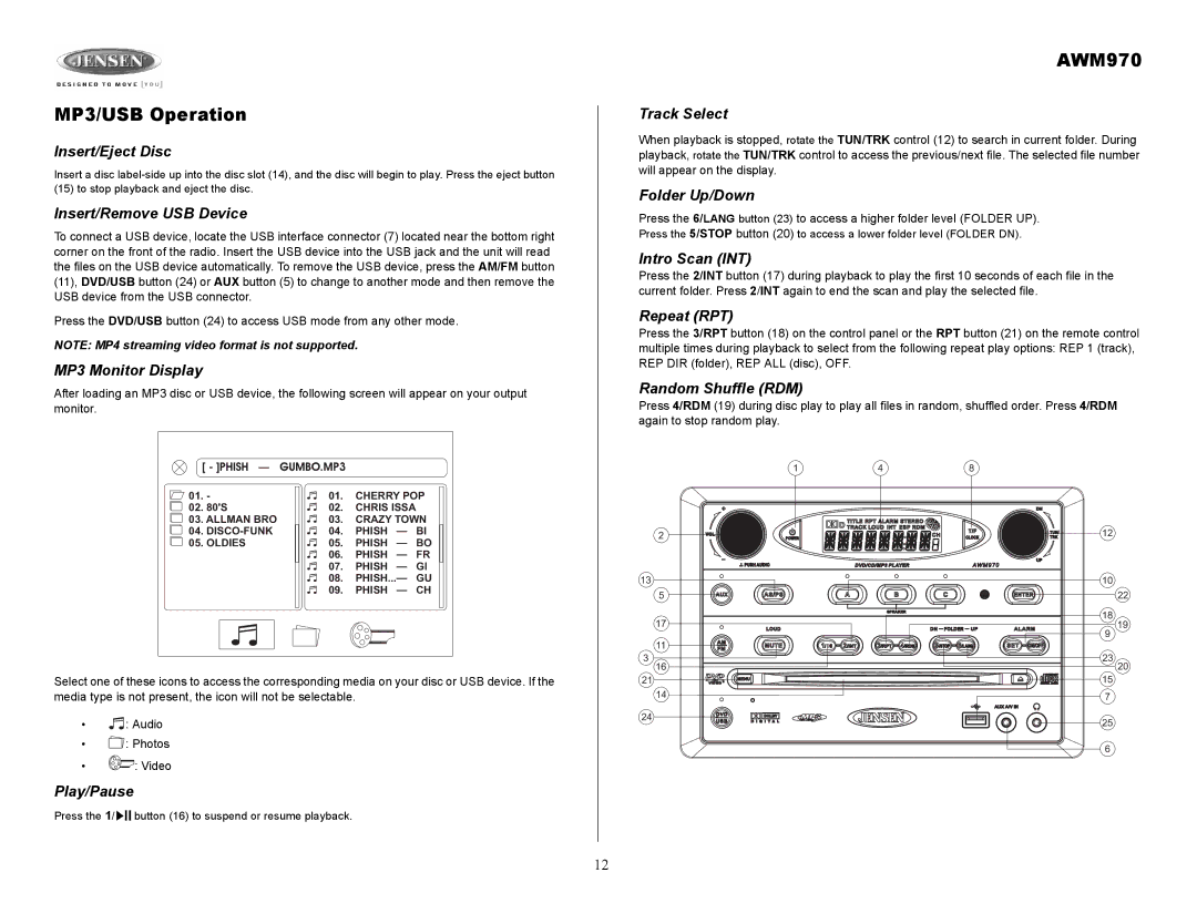 Jensen AWM970 owner manual MP3/USB Operation 