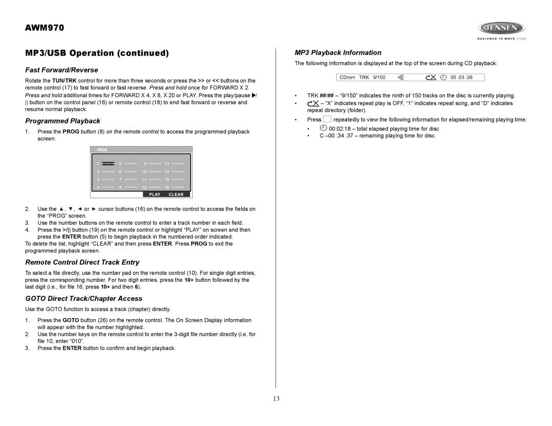 Jensen owner manual AWM970 MP3/USB Operation, MP3 Playback Information 