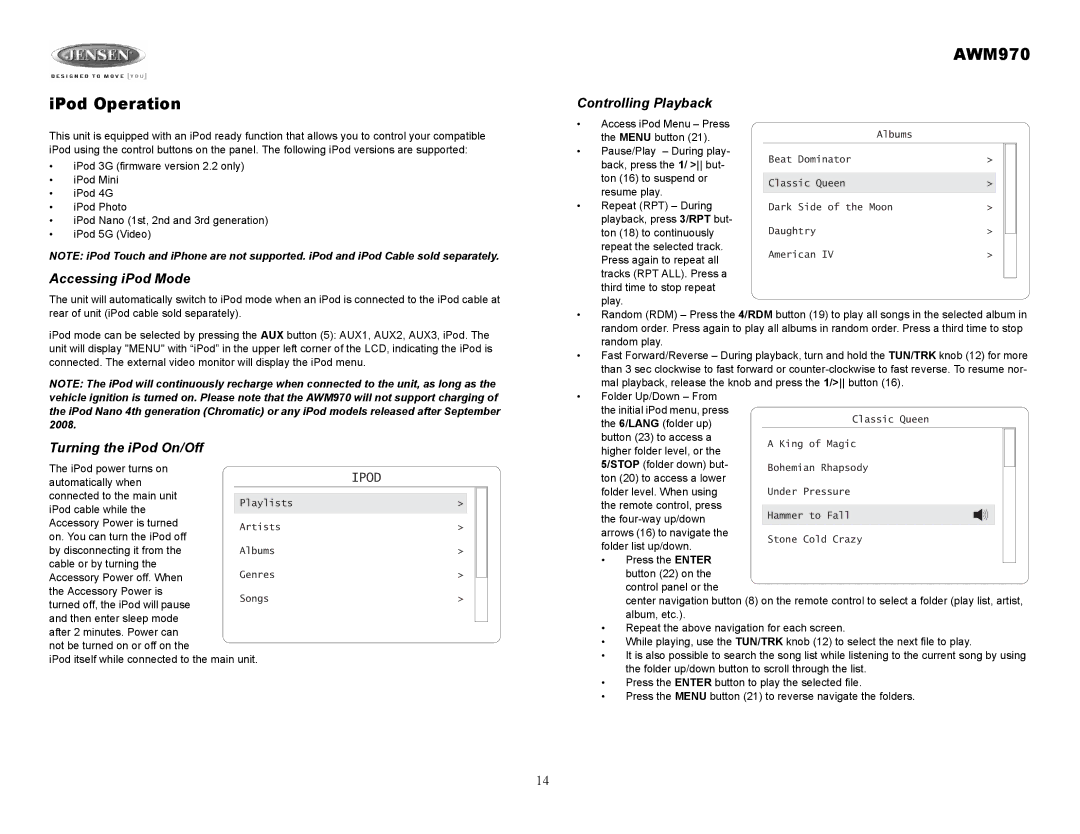 Jensen AWM970 owner manual IPod Operation, Accessing iPod Mode, Turning the iPod On/Off, Controlling Playback 