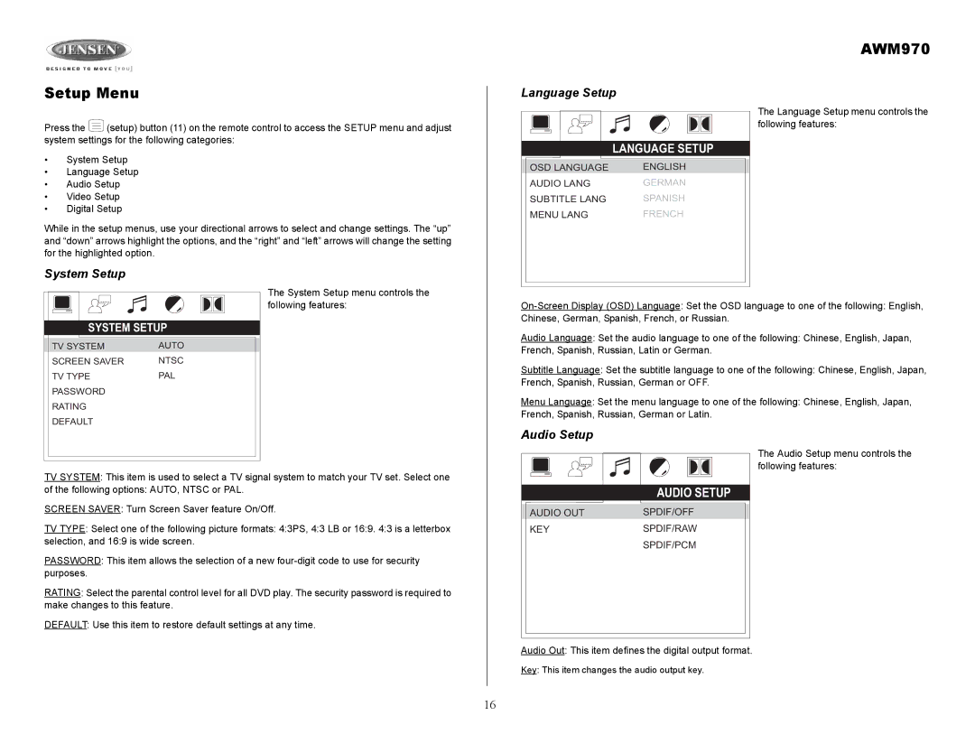 Jensen owner manual AWM970 Setup Menu, Language Setup, System Setup, Audio Setup 