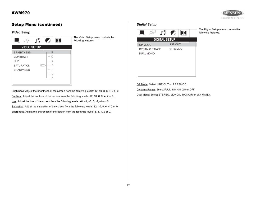 Jensen AWM970 owner manual Digital Setup Video Setup 