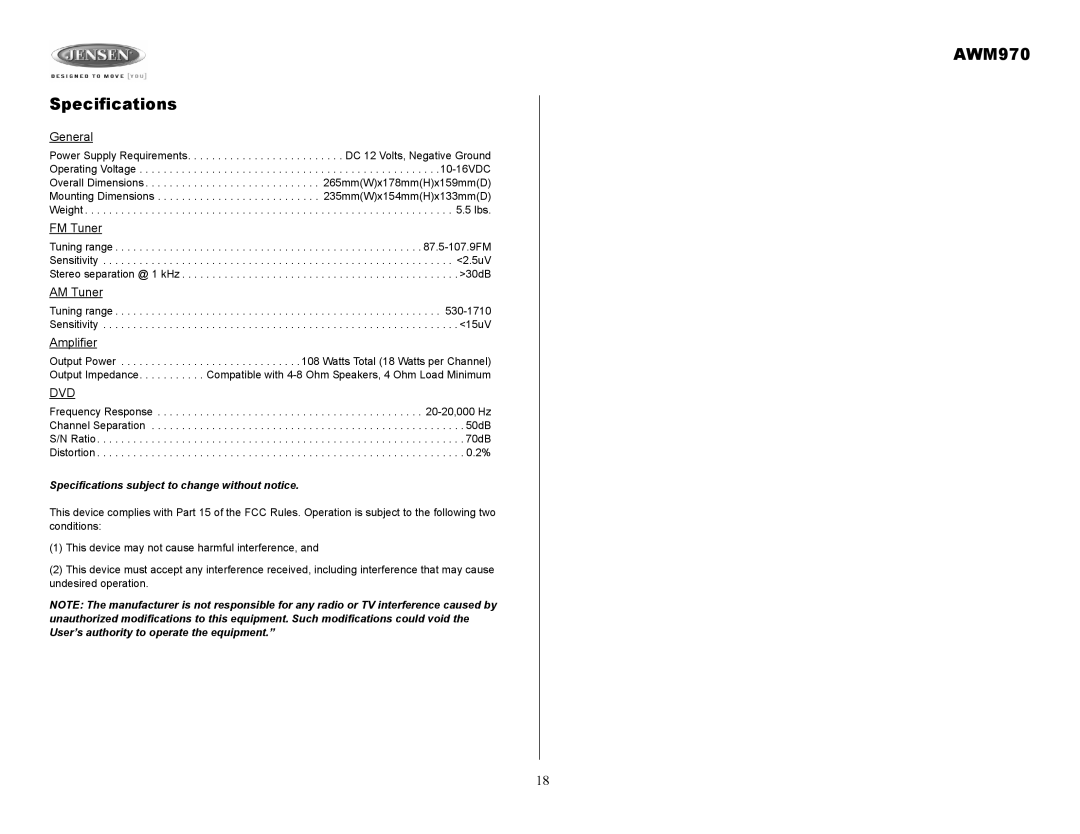 Jensen owner manual AWM970 Specifications, General, FM Tuner, AM Tuner, Amplifier 