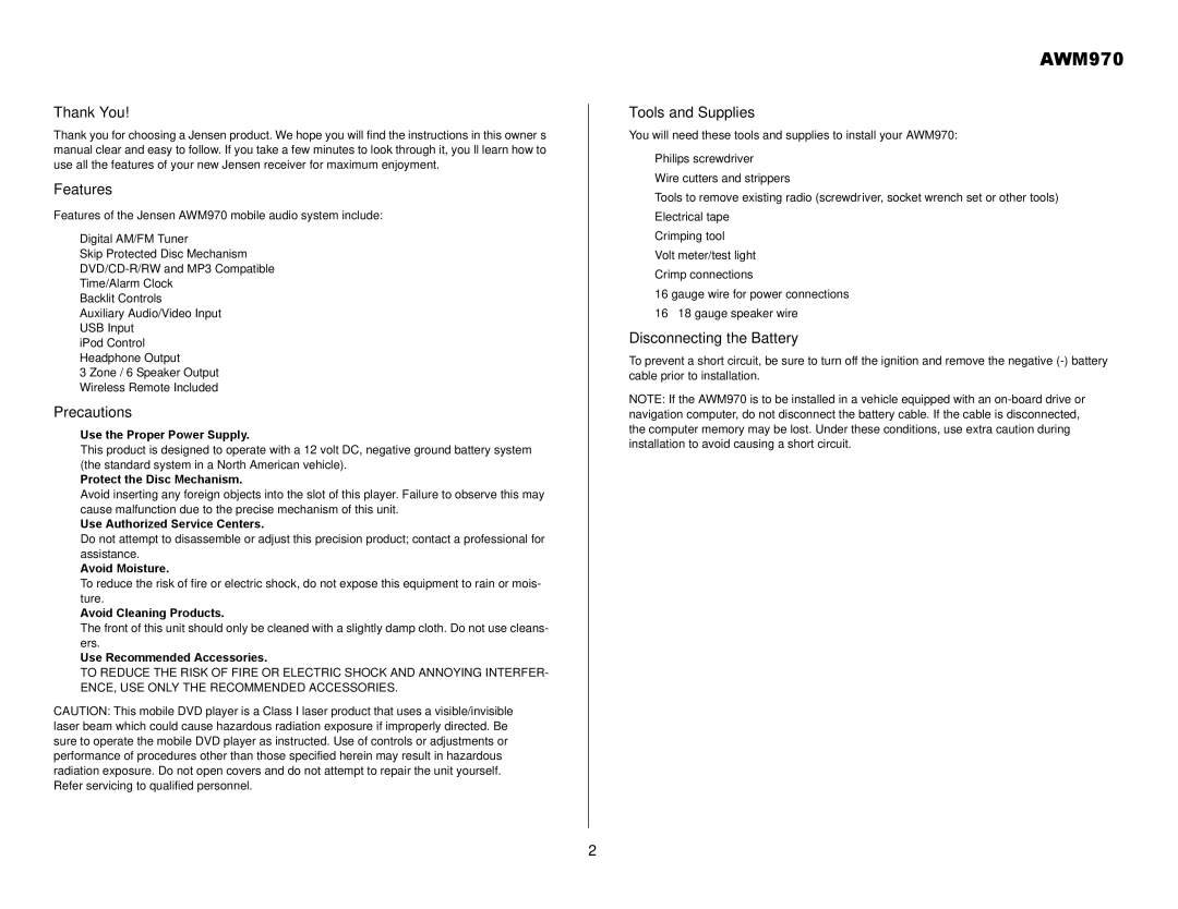 Jensen AWM970 owner manual Thank You Features, Precautions, Tools and Supplies, Disconnecting the Battery 