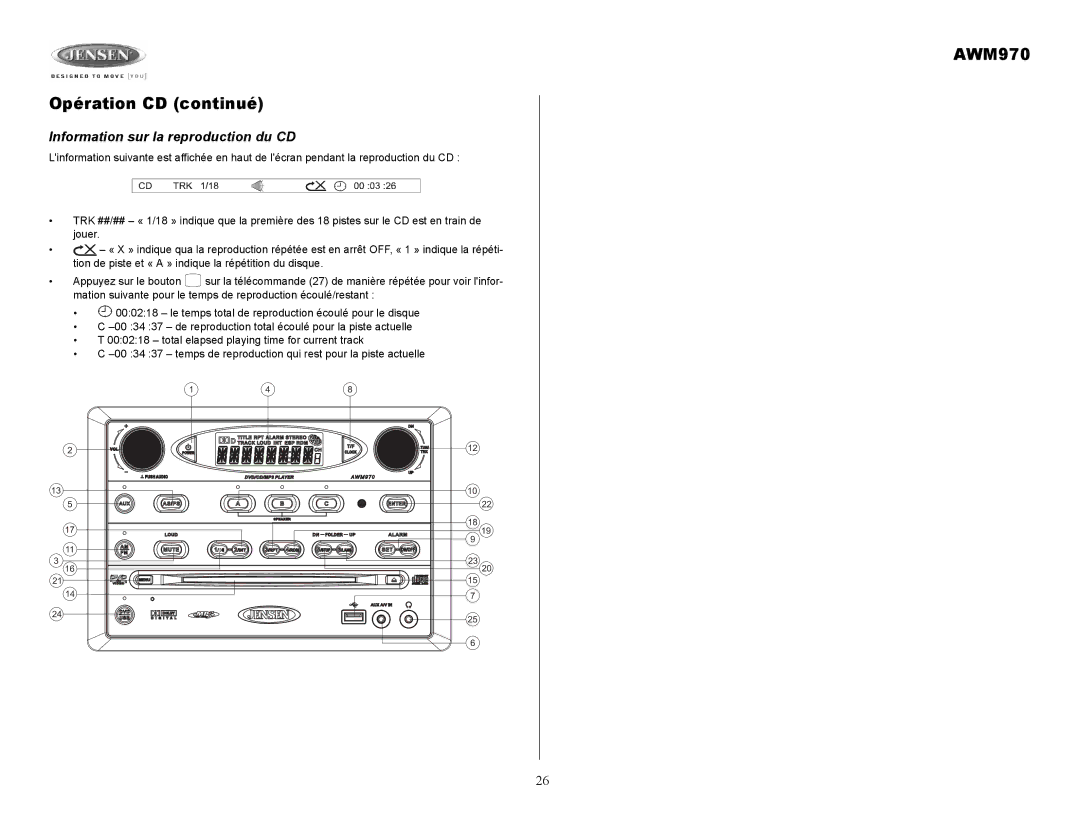 Jensen owner manual AWM970 Opération CD continué, Information sur la reproduction du CD 