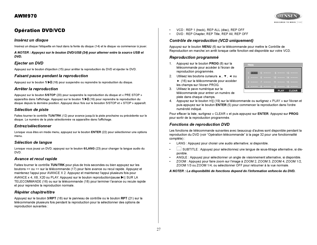 Jensen owner manual AWM970 Opération DVD/VCD 