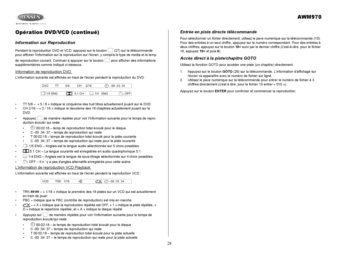 Jensen AWM970 owner manual Opération DVD/VCD continué, Information sur Reproduction, Entrée en piste directe télécommande 