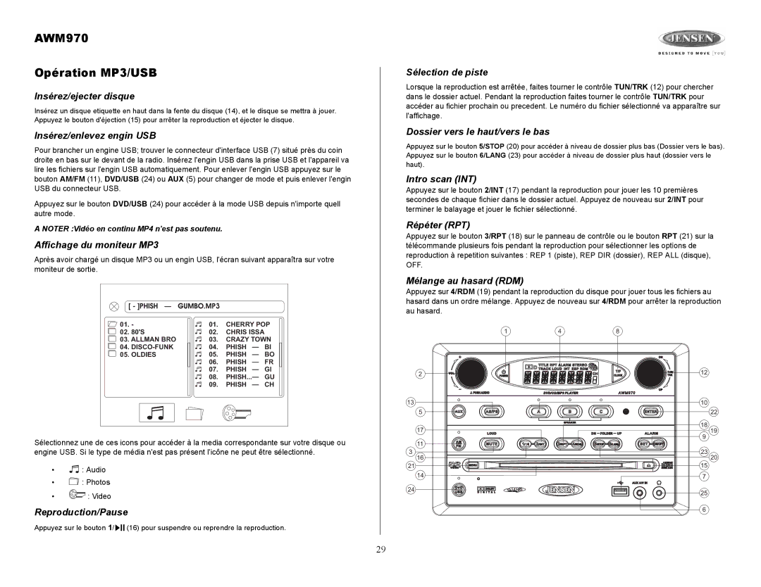 Jensen owner manual AWM970 Opération MP3/USB 