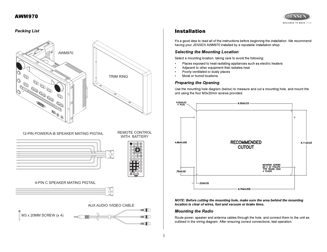 Jensen AWM970 Installation, Packing List, Selecting the Mounting Location, Preparing the Opening, Mounting the Radio 