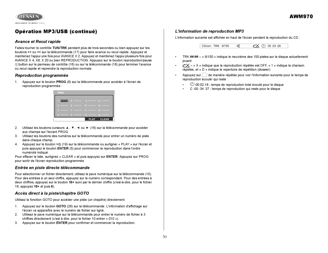 Jensen AWM970 owner manual Opération MP3/USB continué, Linformation de reproduction MP3 