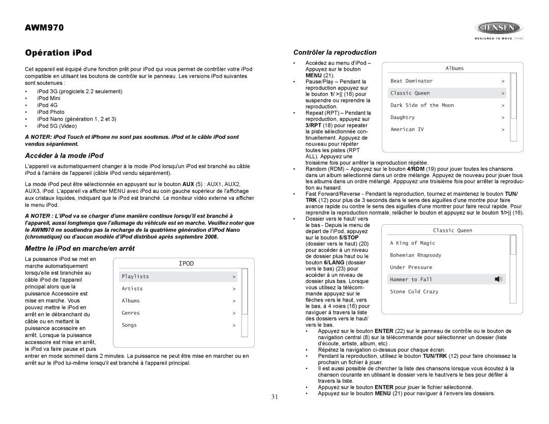 Jensen AWM970 Opération iPod, Accéder à la mode iPod, Mettre le iPod en marche/en arrêt, Contrôler la reproduction 