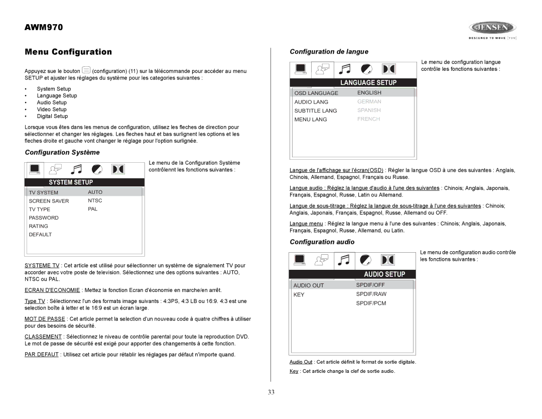 Jensen owner manual AWM970 Menu Configuration, Configuration de langue, Configuration Système, Configuration audio 