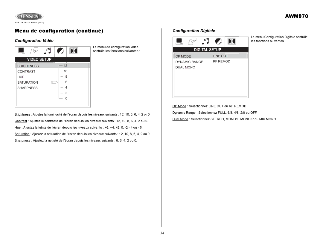 Jensen owner manual Menu de configuration continué AWM970, Configuration Digitale Configuration Vidéo 