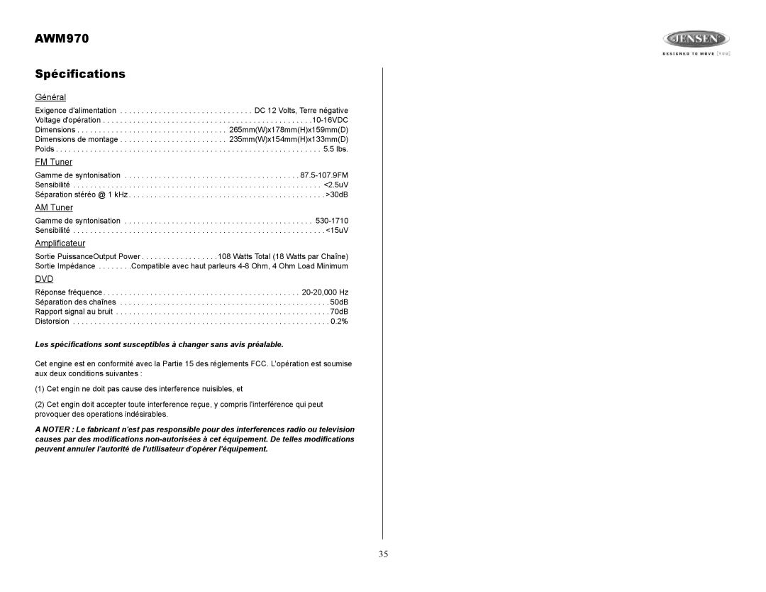 Jensen owner manual AWM970 Spécifications, Général, Amplificateur 