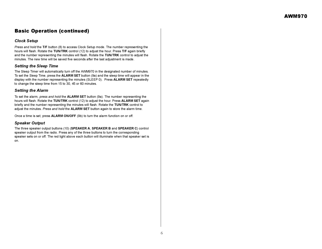 Jensen AWM970 owner manual Clock Setup, Setting the Sleep Time, Setting the Alarm, Speaker Output 