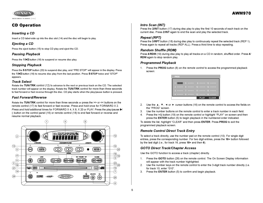 Jensen AWM970 owner manual CD Operation 