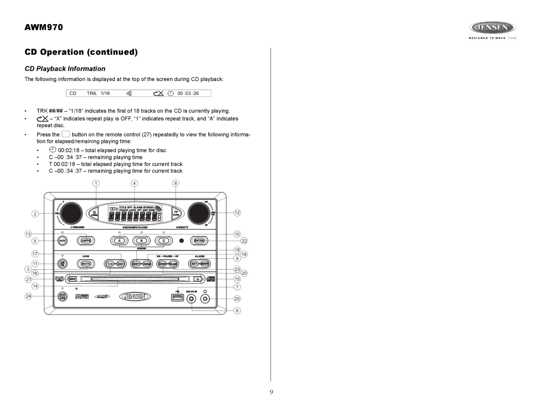 Jensen owner manual AWM970 CD Operation, CD Playback Information 