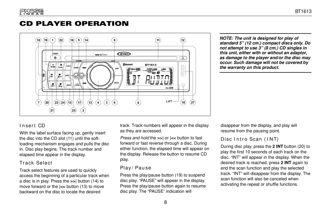 Jensen BT1613 owner manual CD Player Operation, Insert CD, Track Select, Play/Pause, Disc Intro Scan INT 