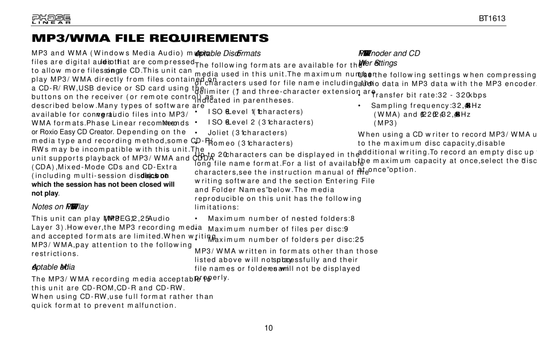 Jensen BT1613 MP3/WMA File Requirements, Acceptable Media, Acceptable Disc Formats, MP3/WMA Encoder and CD Writer Settings 