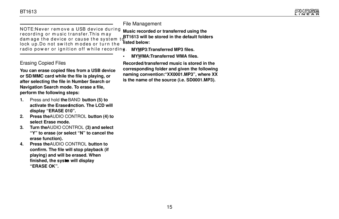 Jensen BT1613 owner manual Erasing Copied Files, File Management 