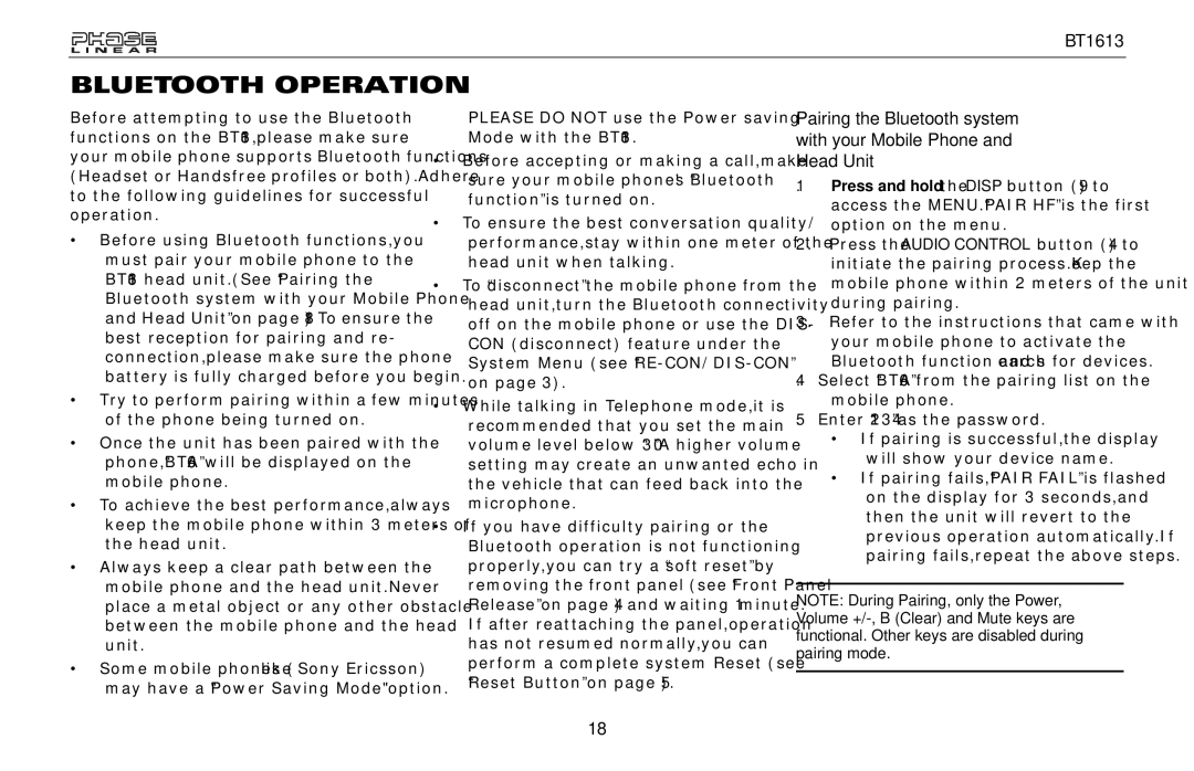 Jensen BT1613 owner manual Bluetooth Operation 