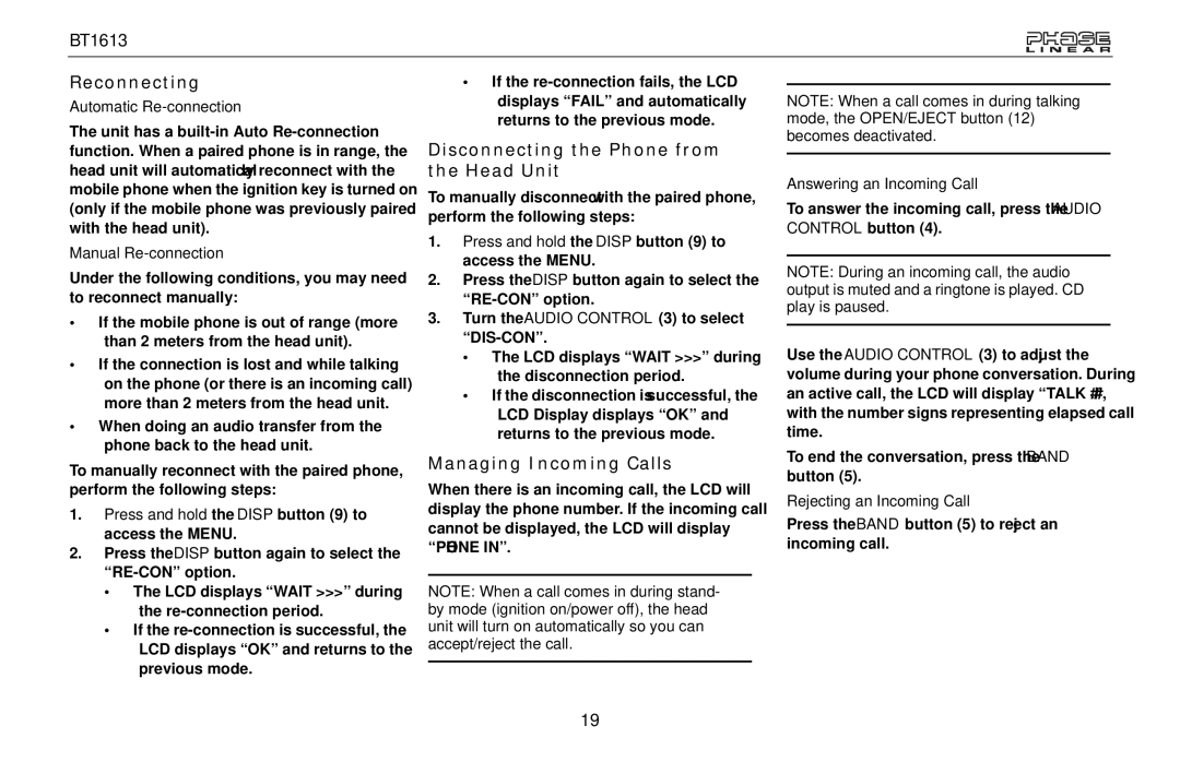 Jensen BT1613 owner manual Reconnecting, Disconnecting the Phone from the Head Unit, Managing Incoming Calls 