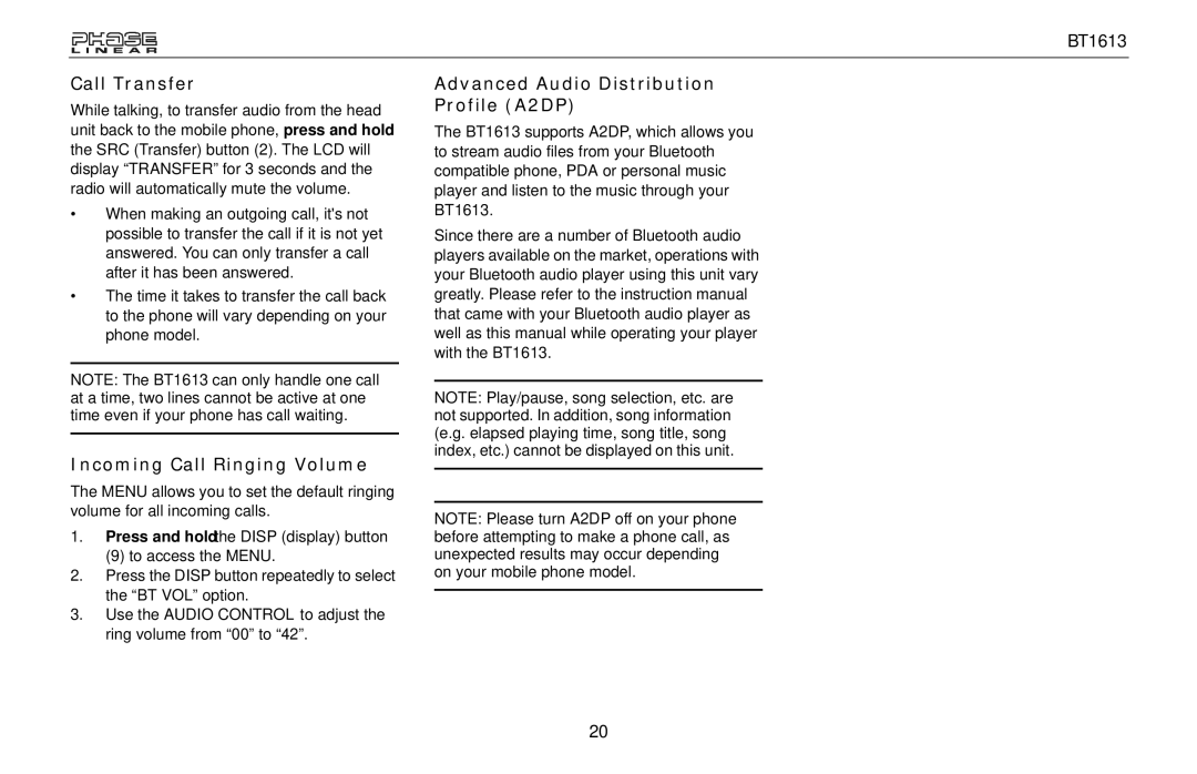 Jensen BT1613 owner manual Call Transfer, Incoming Call Ringing Volume, Advanced Audio Distribution Profile A2DP 