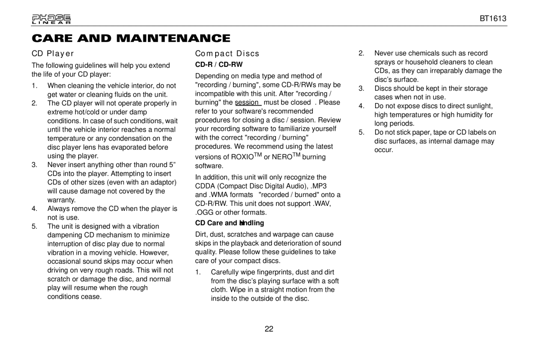 Jensen BT1613 owner manual Care and Maintenance, CD Player, Compact Discs, CD Care and Handling 