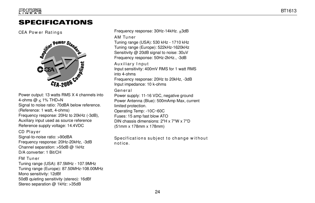 Jensen BT1613 owner manual Specifications 