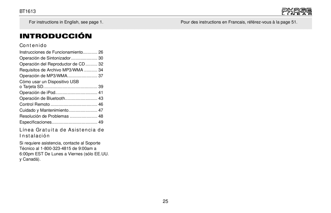 Jensen BT1613 owner manual Introducción, Contenido, Línea Gratuita de Asistencia de Instalación 