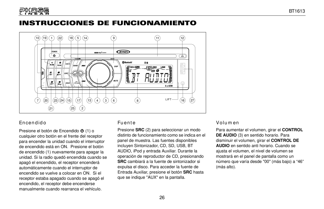 Jensen BT1613 owner manual Instrucciones DE Funcionamiento, Encendido, Fuente, Volumen 