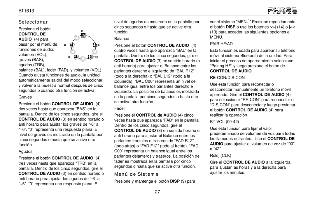 Jensen BT1613 owner manual Seleccionar, Menú de Sistema, Graves, Agudos, Reloj CLK 