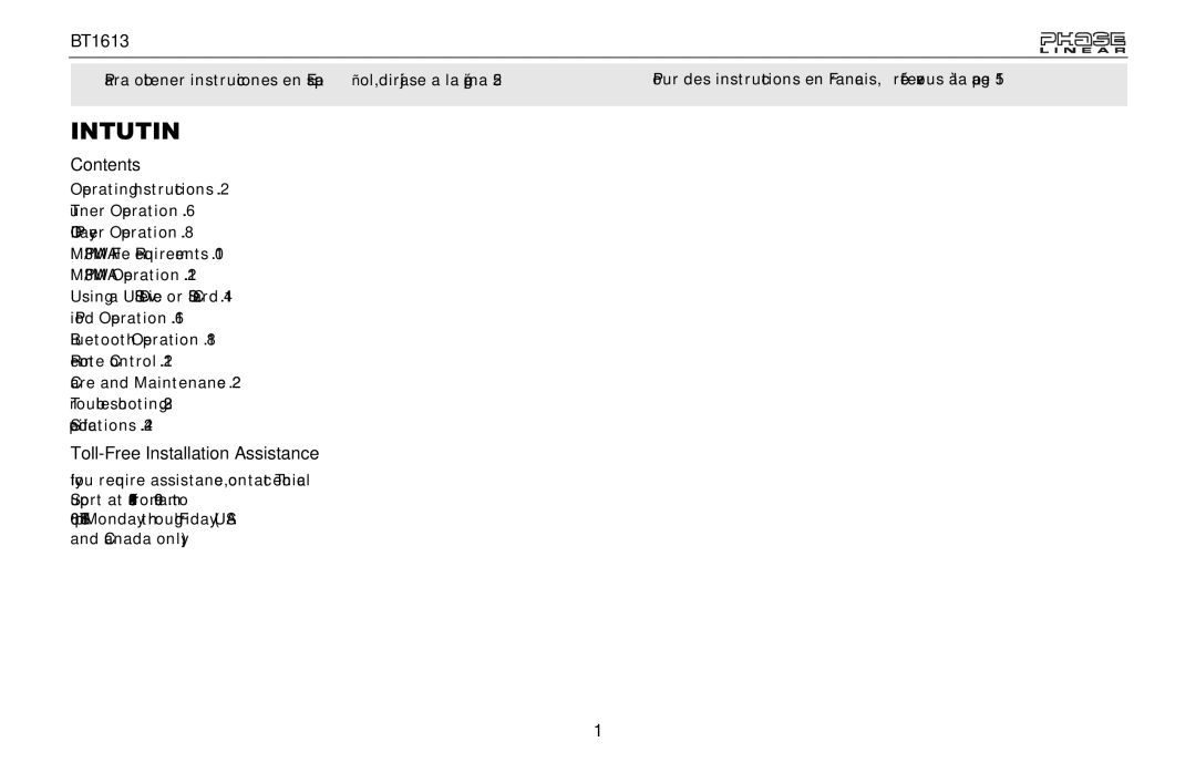 Jensen BT1613 owner manual Introduction, Contents, Toll-Free Installation Assistance 