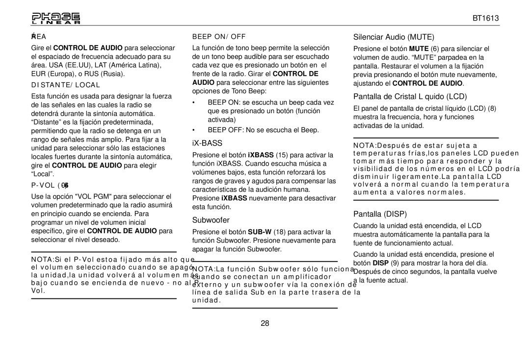 Jensen BT1613 owner manual Silenciar Audio Mute, Pantalla de Cristal Líquido LCD, Pantalla Disp 