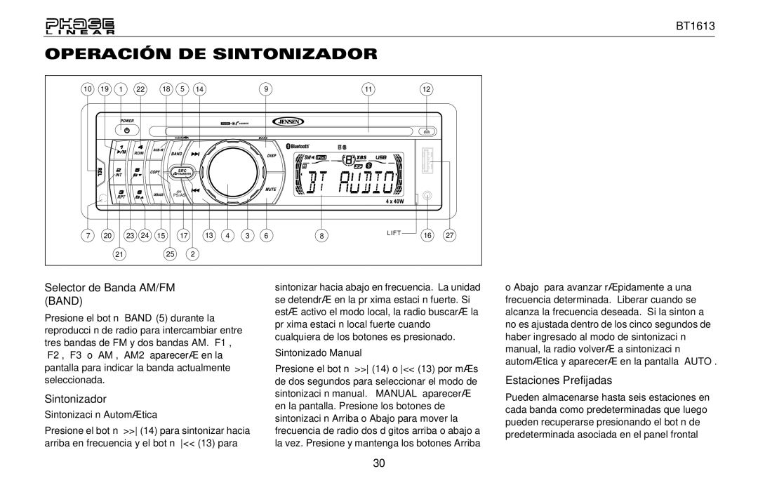 Jensen BT1613 owner manual Operación DE Sintonizador, Selector de Banda AM/FM Band, Estaciones Prefijadas 