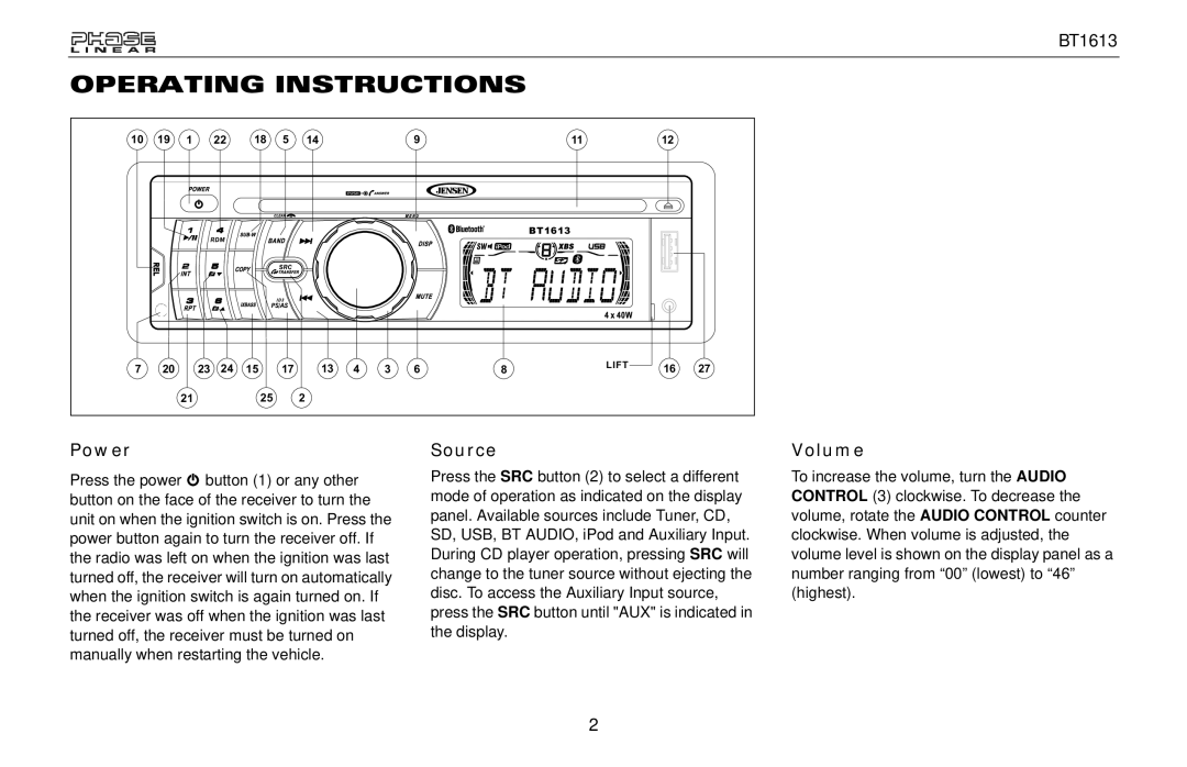 Jensen BT1613 owner manual Operating Instructions, Power, Source, Volume 