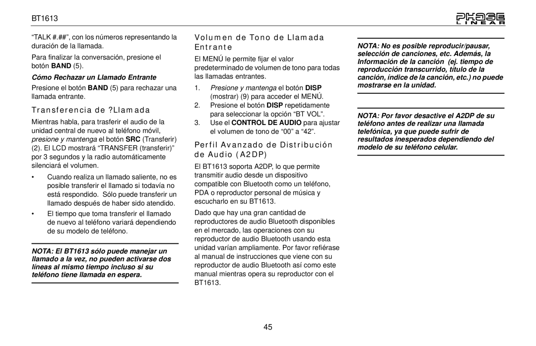 Jensen BT1613 Transferencia de ?Llamada, Volumen de Tono de Llamada Entrante, Cómo Rechazar un Llamado Entrante 