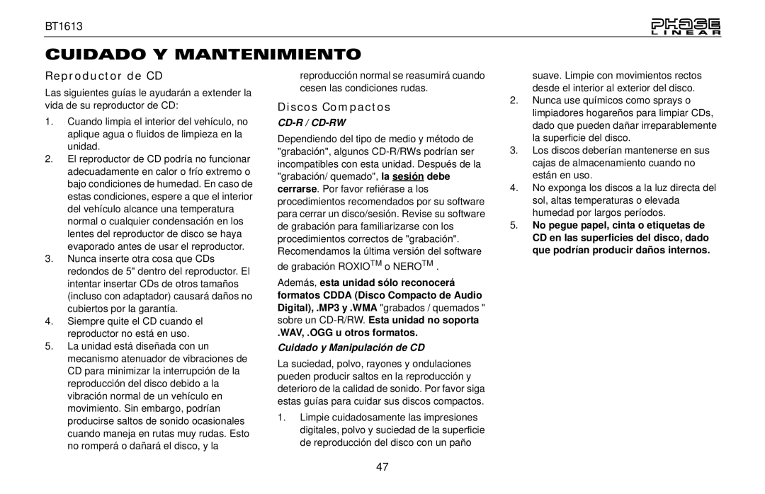 Jensen BT1613 owner manual Cuidado Y Mantenimiento, Reproductor de CD, Discos Compactos, Cuidado y Manipulación de CD 