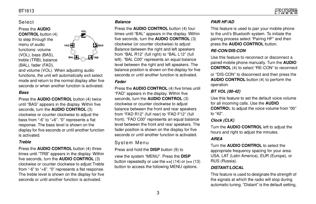 Jensen BT1613 owner manual Select, System Menu 