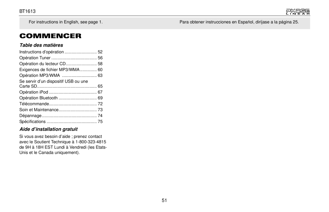 Jensen BT1613 owner manual Commencer, Table des matières, Aide d’installation gratuit 