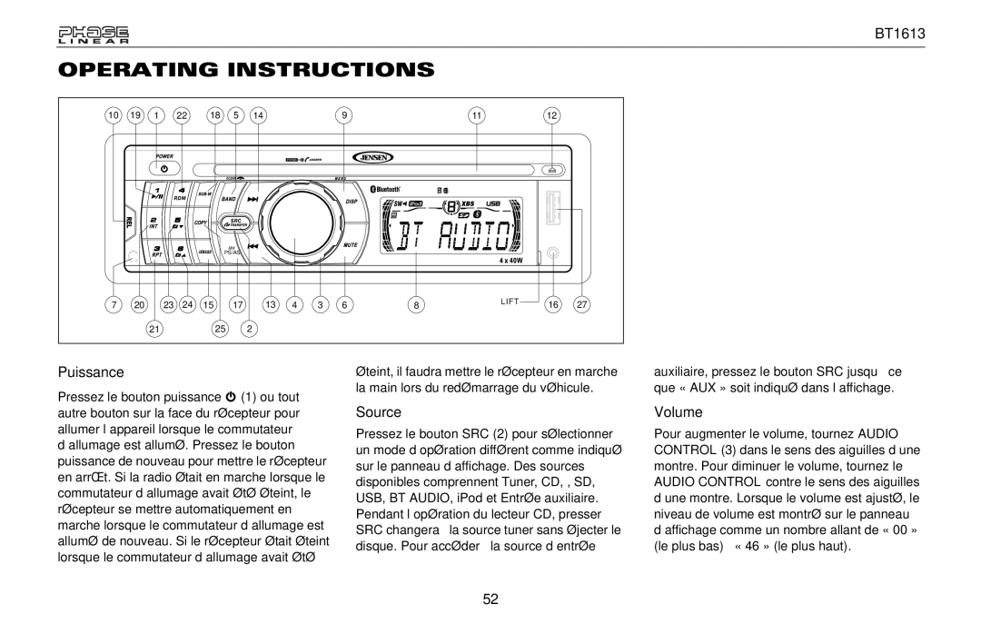 Jensen BT1613 owner manual Operating Instructions, Puissance 