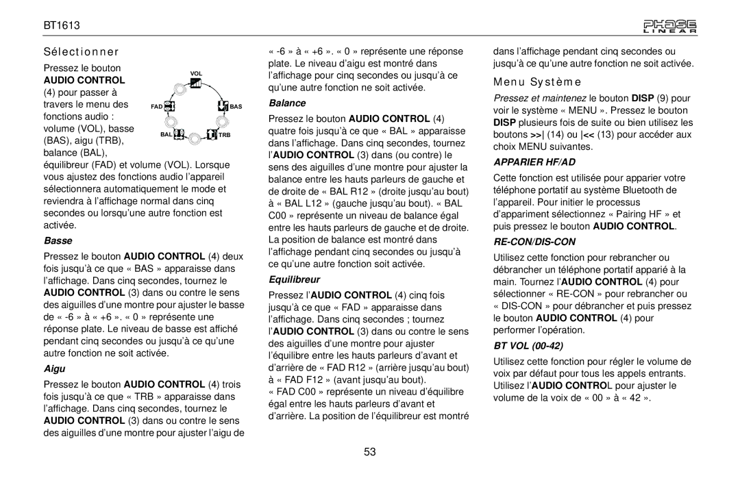 Jensen BT1613 owner manual Sélectionner, Menu Système, Basse, Aigu, Equilibreur 