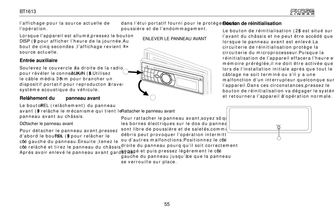 Jensen BT1613 Entrée auxiliaire, Relâchement du panneau avant, Bouton de réinitialisation, Détacher le panneau avant 