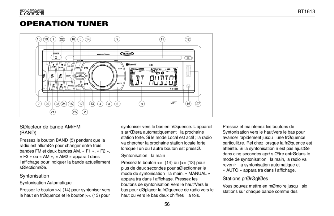 Jensen BT1613 owner manual Operation Tuner, Sélecteur de bande AM/FM Band, Syntonisation, Stations préréglées 