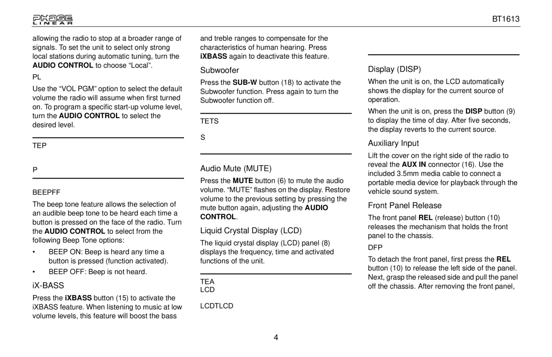 Jensen BT1613 owner manual Ix-Bass, Subwoofer, Audio Mute Mute, Liquid Crystal Display LCD, Display Disp, Auxiliary Input 