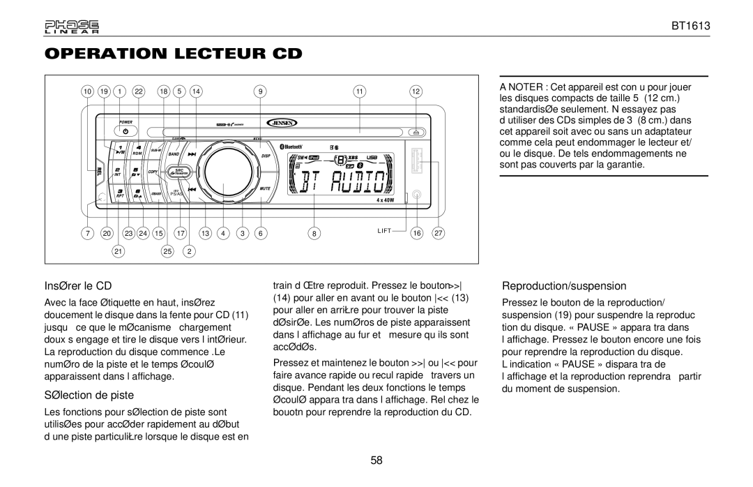 Jensen BT1613 owner manual Operation Lecteur CD, Insérer le CD, Sélection de piste, Reproduction/suspension 